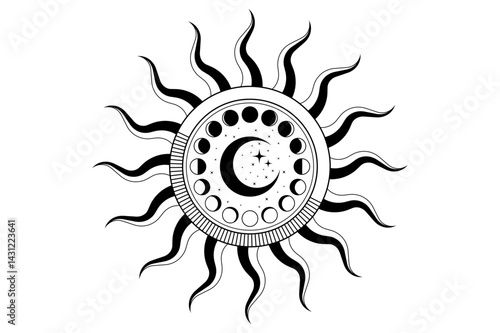 Mystical Sun and Celestial Moon Phases, magic esoteric circular orbit, Alchemy of the Crescent Moon, Sacred Geometry, Spiritual occultism logo, wicca pagan symbols vector isolated on white background