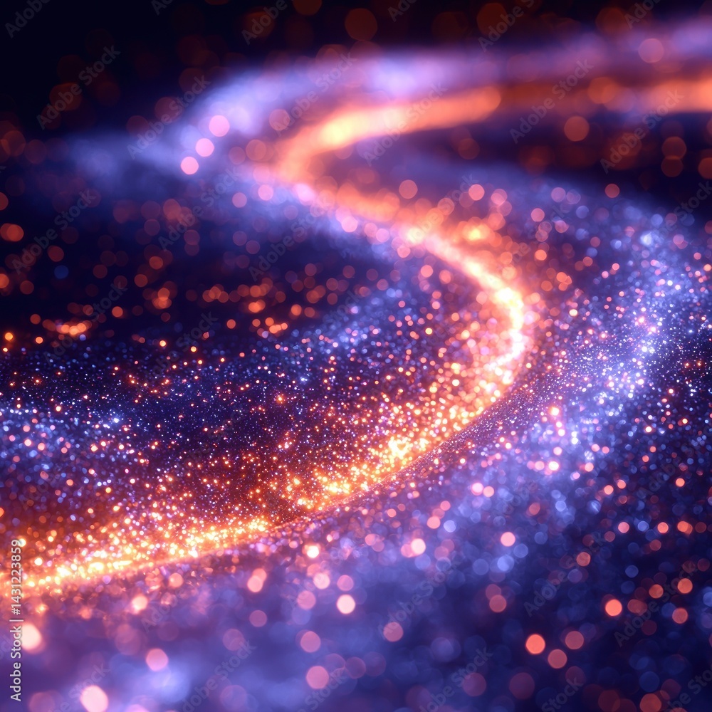 Abstract Wavy Glittering Stream with Orange and Blue Sparkling Particles Abstract Wavy Glittering Stream with Orange and Blue Sparkling Particles