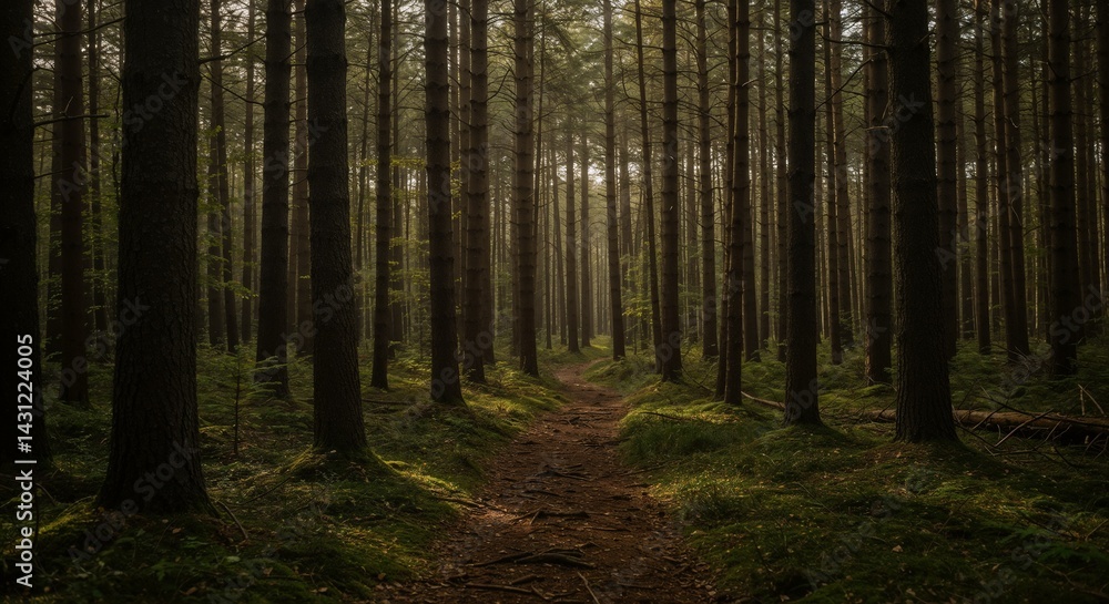 Fototapeta premium Serene forest path illuminated by sunlight amidst tall trees 