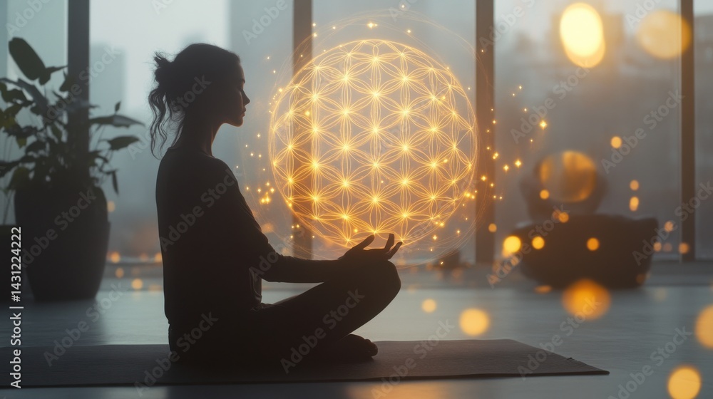 Glowing sacred geometric sphere featuring Flower of Life pattern floats above young Woman meditating in lotus position