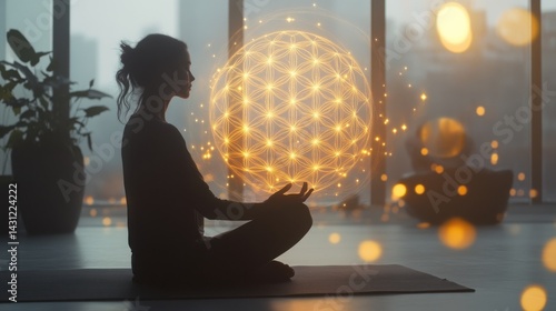 Glowing sacred geometric sphere featuring  Flower of Life pattern floats above young Woman meditating in lotus position
