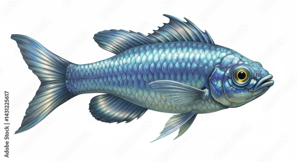 Stunningly detailed digital painting of a blue-scaled fish with shimmering, iridescent hues reflecting light Stunningly detailed digital painting of a blue-scaled fish with shimmering, iridescent hues reflecting light