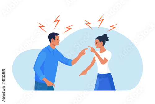 Conflict between man and woman. Married people quarrel, wife and husband arguing. Family conflict. Angry couple shouting at each other. Parting, divorce, misunderstanding and crisis in family.