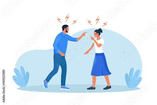 Conflict between man and woman. Married people quarrel, wife and husband arguing. Family conflict. Angry couple shouting at each other. Parting, divorce, misunderstanding and crisis in family.