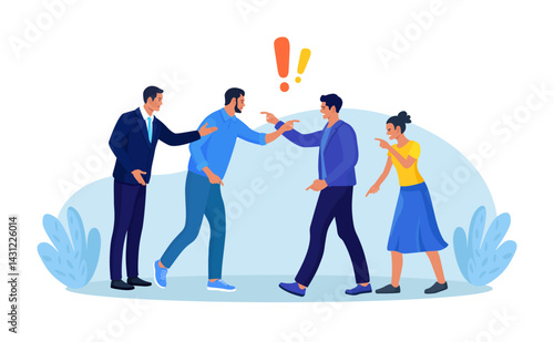 Two groups of people arguing and fighting, business conflict. Teamwork disagreement. Fierce rivalry, unhealthy competition. Colleagues having debate. Angry people arguing or misunderstanding