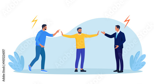 Conflict management. Man stopping conflict or fighting. Leadership skill to compromise and solving argument problem. Disagreement communication, negotiation. Business deal conversation