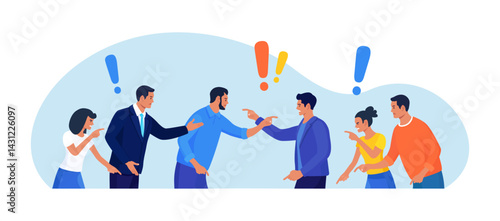 Two groups of people arguing and fighting, business conflict. Teamwork disagreement. Fierce rivalry, unhealthy competition. Colleagues having debate. Angry people arguing or misunderstanding