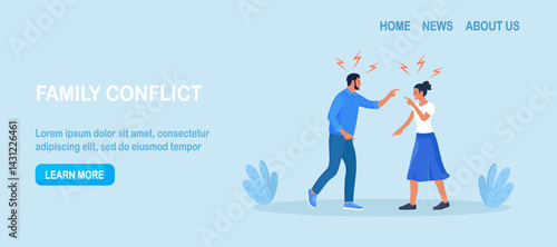 Conflict between man and woman. Married people quarrel, wife and husband arguing. Family conflict. Angry couple shouting at each other. Parting, divorce, misunderstanding and crisis in family.
