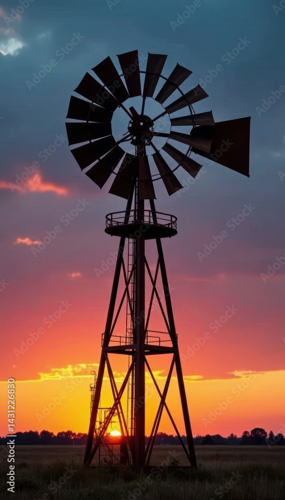 Silhouette of rusty metal windmill against sunset sky, iconic, propeller Silhouette of rusty metal windmill against sunset sky, iconic, propeller
