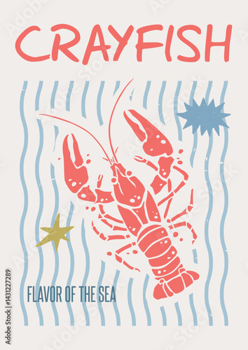 Vertical Seafood Restaurant Poster A3 with Crayfish on Blue Stripes