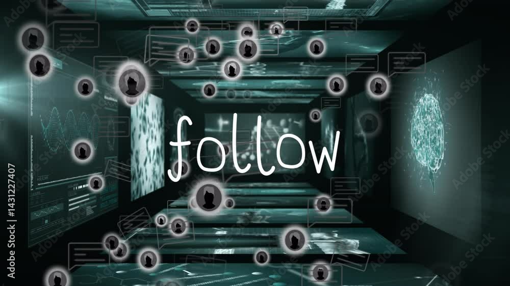 Handwritten follow text floating in digital data tunnel, showing avatars, chat icons, code panels Handwritten follow text floating in digital data tunnel, showing avatars, chat icons, code panels