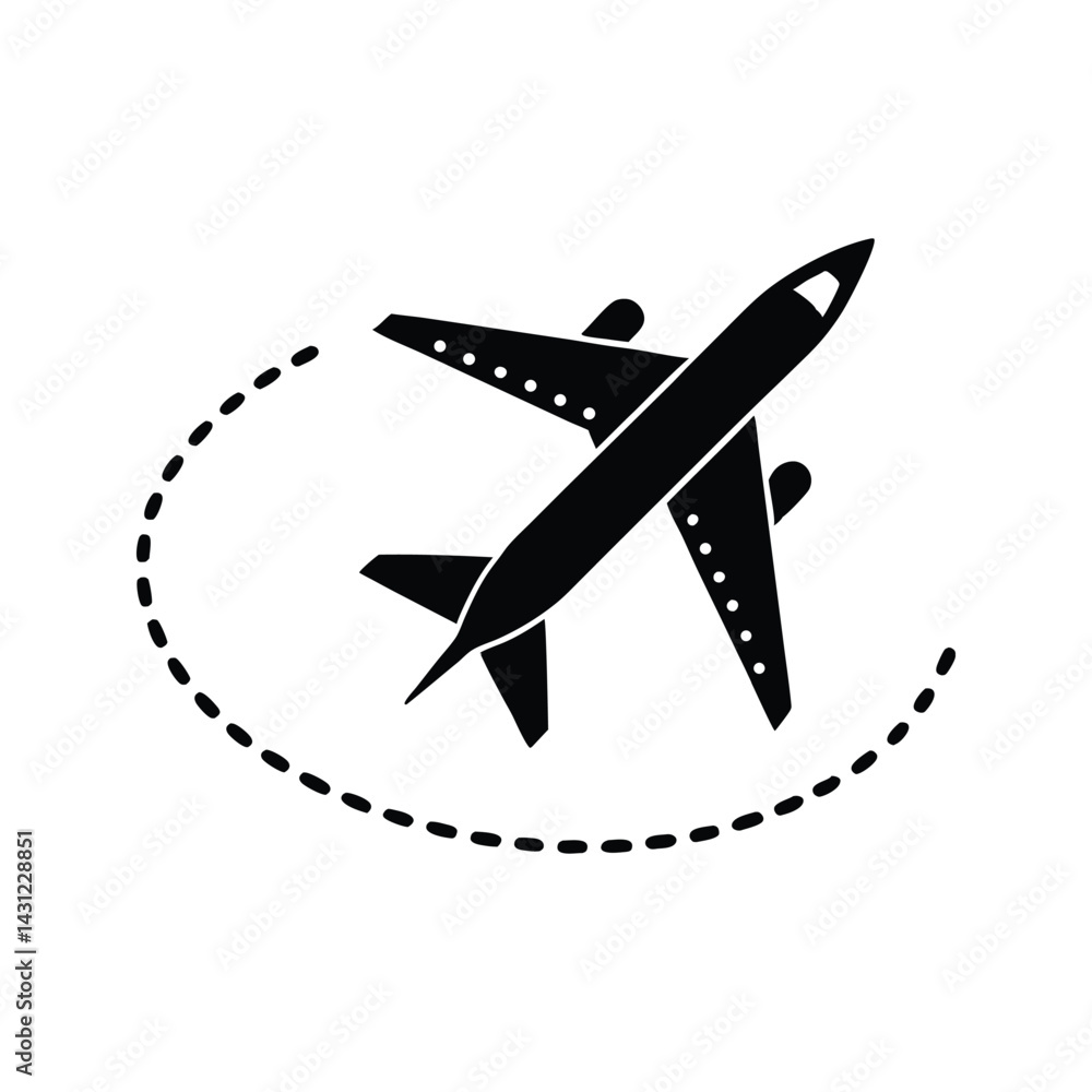 Flight trajectory of jet icon silhouette vector with white background Flight trajectory of jet icon silhouette vector with white background