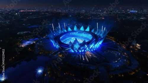 Night stadium illuminated, city backdrop