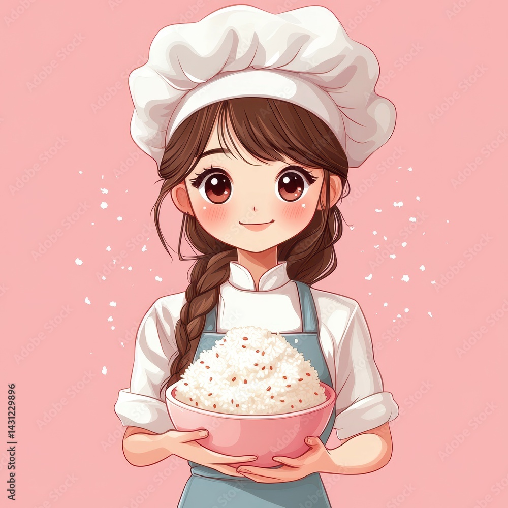 Cute chef character with a bowl of rice on a pink background displaying a joyful expression while wearing a chef hat and apron Cute chef character with a bowl of rice on a pink background displaying a joyful expression while wearing a chef hat and apron