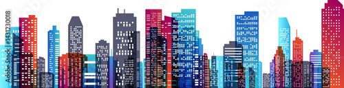 Colorful city skyline. Urban panoramic silhouette. Vector horizontal banner of cityscape in overlay style.