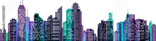Colorful city skyline. Urban panoramic silhouette. Vector horizontal banner of cityscape in overlay style.