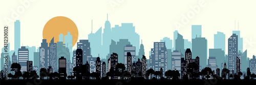 Colorful city skyline. Urban panoramic silhouette. Vector horizontal banner of cityscape in paralax style.