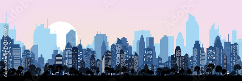 Colorful city skyline. Urban panoramic silhouette. Vector horizontal banner of cityscape in paralax style.