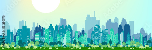 Colorful city skyline. Urban panoramic silhouette. Vector horizontal banner of cityscape in paralax style.