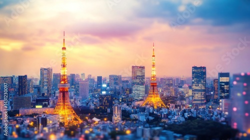 Tokyo cityscape at sunset, vibrant colors and towers