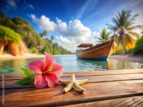 Hibiscus Flower, Starfish, and Small Boat on Tropical Beach - Stock Photo