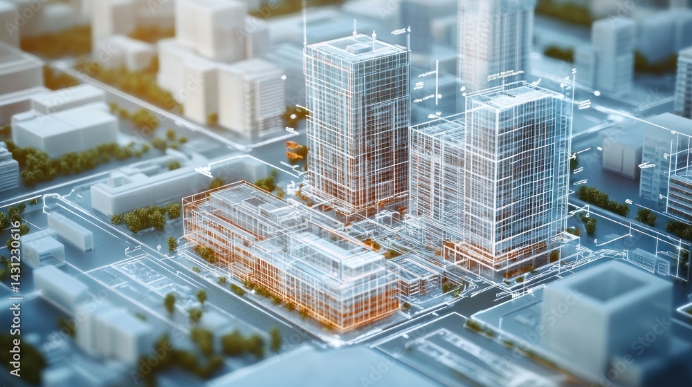 Fototapeta premium Cityscape with architectural blueprints overlaid