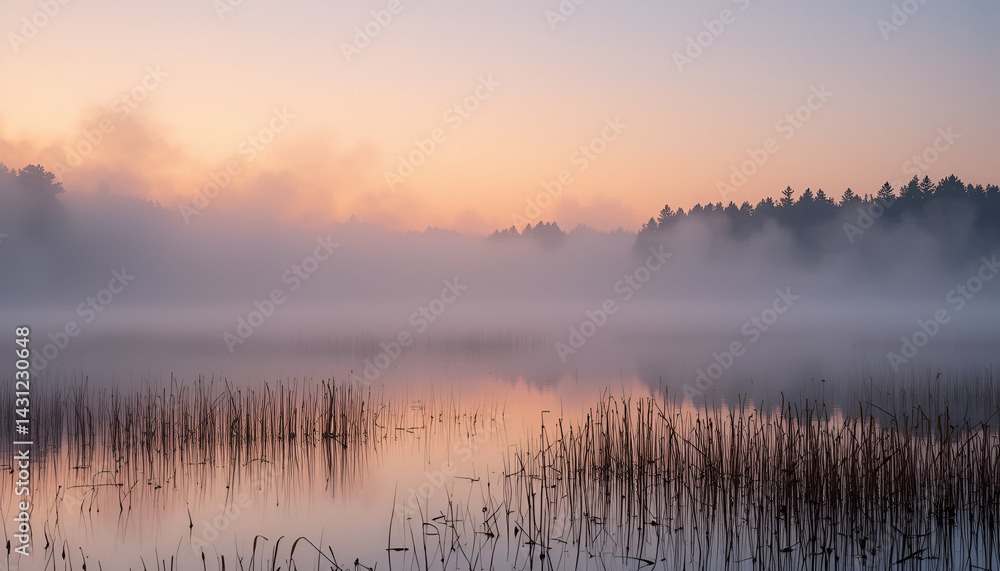 Fototapeta premium Misty Dawn: Fog and Reflections Merging Over a Tranquil Lake