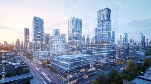 Modern cityscape with digital overlay