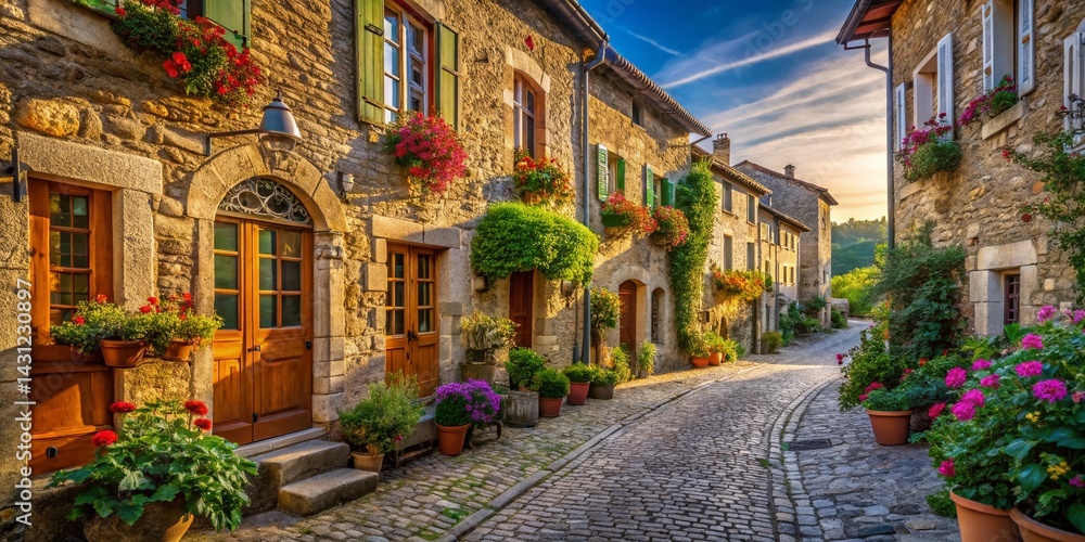 Fototapeta premium Historic Valence Village Street Scene, August 2023 - Charming French Architecture