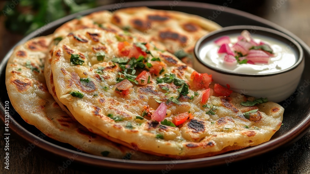 Delicious Indian flatbread with yogurt dip Delicious Indian flatbread with yogurt dip
