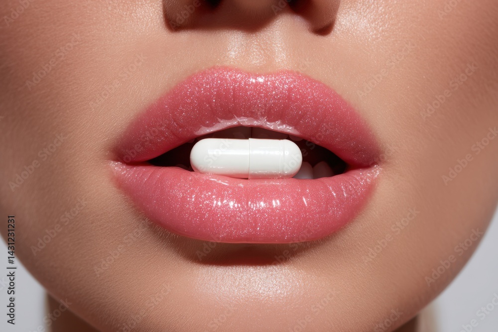 Naklejka premium Close-up of a person holding a white capsule between their lips in a beauty-focused setting with soft lighting
