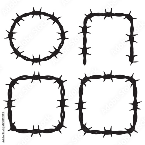 Twisted barbed wire Vector Black silhouettes set in rounded and square shapes. illustration of steel wire barb fence frames. Concept of protection, danger or security. with white background