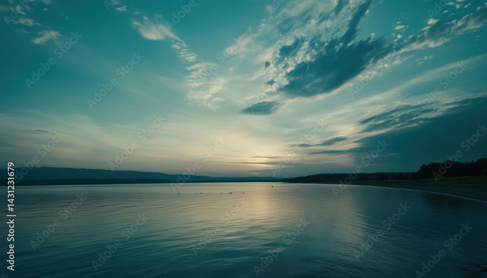 Naklejka premium Serene sunset over tranquil lake. Cloudscape above calm water