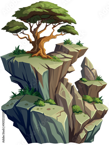 Tree on cliff. Stone cliff land greenery. Lonely tree on big stone mountain cliff. Large solid rock peak landscape. Mountain headland cartoon game asset object, vector isolated on white background.