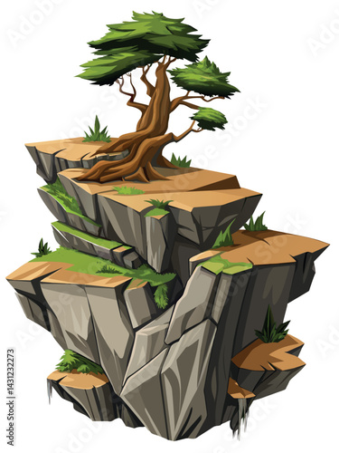 Tree on cliff. Stone cliff land greenery. Lonely tree on big stone mountain cliff. Large solid rock peak landscape. Mountain headland cartoon game asset object, vector isolated on white background.