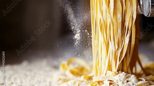 Flour falling onto fresh pasta strands in a warm kitchen ambiance