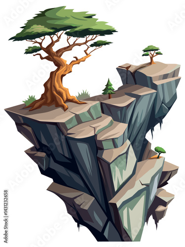 Tree on cliff. Stone cliff land greenery. Lonely tree on big stone mountain cliff. Large solid rock peak landscape. Mountain headland cartoon game asset object, vector isolated on white background.