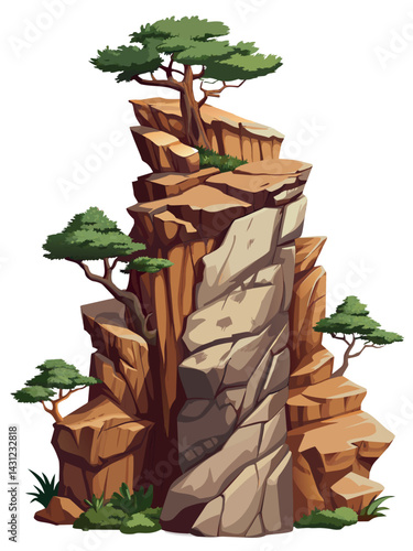 Tree on cliff. Stone cliff land greenery. Lonely tree on big stone mountain cliff. Large solid rock peak landscape. Mountain headland cartoon game asset object, vector isolated on white background.