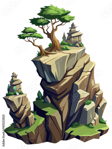 Tree on cliff. Stone cliff land greenery. Lonely tree on big stone mountain cliff. Large solid rock peak landscape. Mountain headland cartoon game asset object, vector isolated on white background.