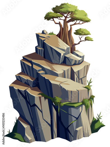 Tree on cliff. Stone cliff land greenery. Lonely tree on big stone mountain cliff. Large solid rock peak landscape. Mountain headland cartoon game asset object, vector isolated on white background.