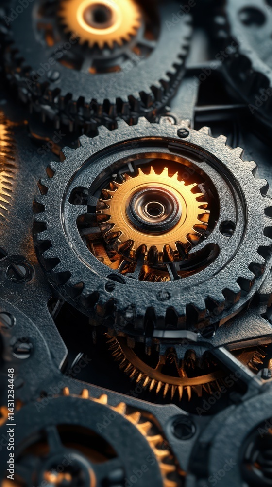 Intricate gear mechanism illuminated by warm light showcasing the beauty of mechanical engineering Intricate gear mechanism illuminated by warm light showcasing the beauty of mechanical engineering