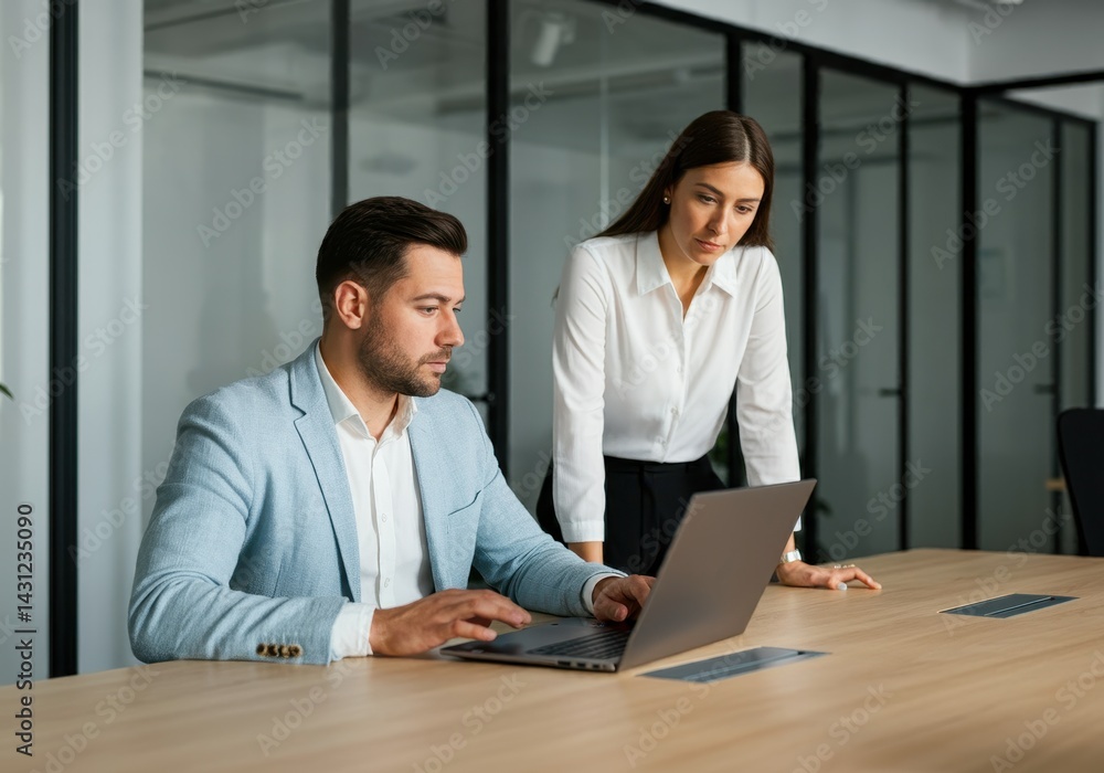 Obraz premium Business colleagues working together on a laptop in modern office space