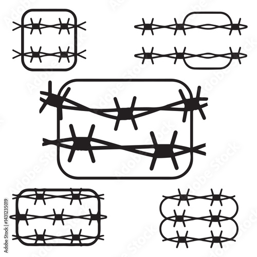 Twisted barbed wire Vector Black silhouettes set in rounded and square shapes. illustration of steel wire barb fence frames. Concept of protection, danger or security. with white background