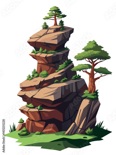 Tree on cliff. Stone cliff land greenery. Lonely tree on big stone mountain cliff. Large solid rock peak landscape. Mountain headland cartoon game asset object, vector isolated on white background.