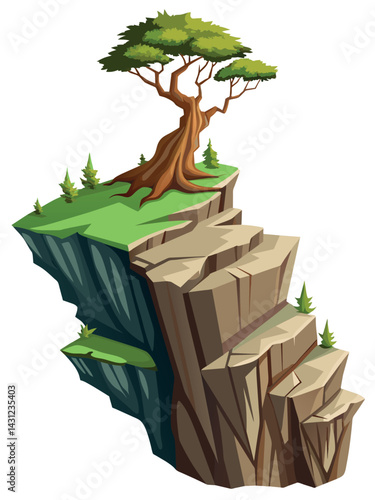 Tree on cliff. Stone cliff land greenery. Lonely tree on big stone mountain cliff. Large solid rock peak landscape. Mountain headland cartoon game asset object, vector isolated on white background.