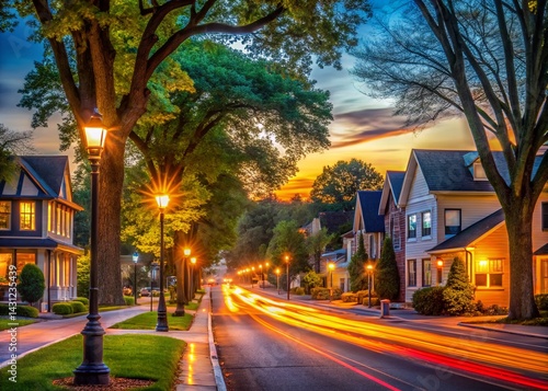 Long Exposure: Charming Tree-Lined Street in a Quaint American Town