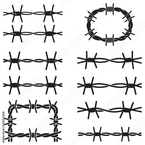 Twisted barbed wire Vector Black silhouettes set in rounded and square shapes. illustration of steel wire barb fence frames. Concept of protection, danger or security. with white background