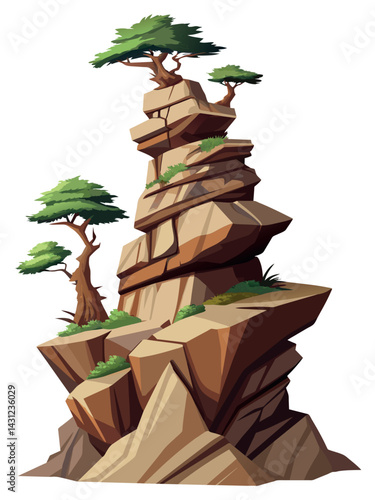 Tree on cliff. Stone cliff land greenery. Lonely tree on big stone mountain cliff. Large solid rock peak landscape. Mountain headland cartoon game asset object, vector isolated on white background.