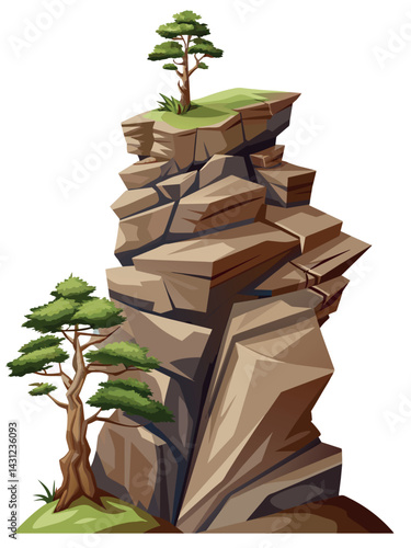 Tree on cliff. Stone cliff land greenery. Lonely tree on big stone mountain cliff. Large solid rock peak landscape. Mountain headland cartoon game asset object, vector isolated on white background.