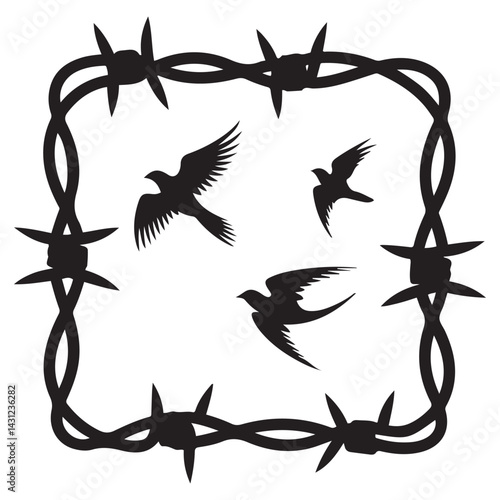 Twisted barbed wire Vector Black silhouettes set in rounded and square shapes. illustration of steel wire barb fence frames. Concept of protection, danger or security. with white background
